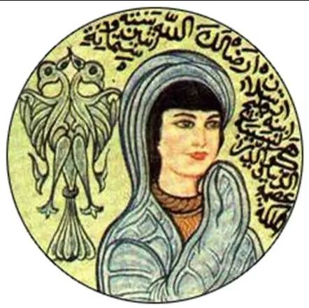 Gevher Nesibe Sultan, Selçuklu Devleti’nin bayrağında da yer alan çift başlı kartal çiziminin önünde betimlenmiş