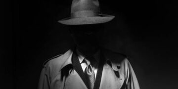 Man posing in the dark with a fedora hat and a trench coat, 1950s noir film style character