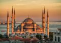Blue mosque in glorius sunset, Istanbul, Sultanahmet park. The biggest mosque in Istanbul of Sultan Ahmed (Ottoman Empire).