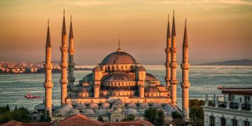 Blue mosque in glorius sunset, Istanbul, Sultanahmet park. The biggest mosque in Istanbul of Sultan Ahmed (Ottoman Empire).