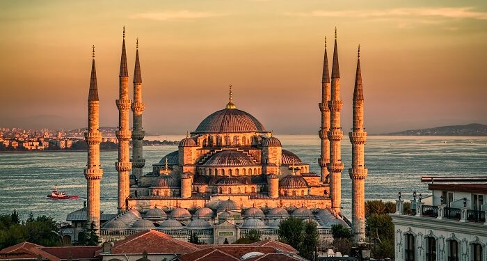 Blue mosque in glorius sunset, Istanbul, Sultanahmet park. The biggest mosque in Istanbul of Sultan Ahmed (Ottoman Empire).